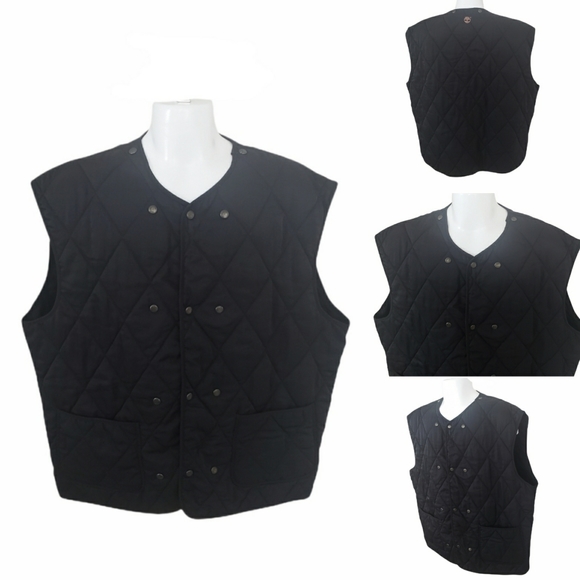 VTG 90s Timberland Vest Jacket Black quilt style Snap on Signature metal buttons